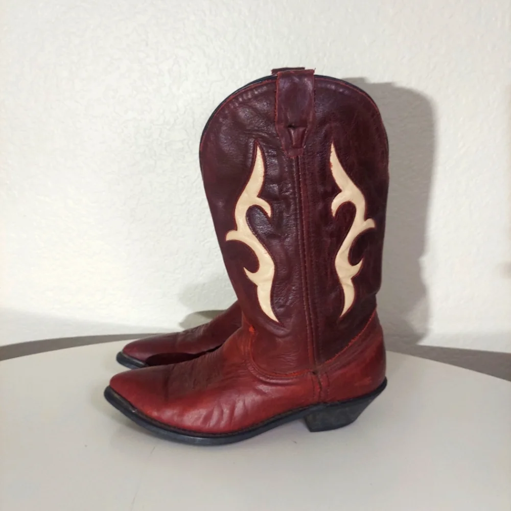 Burgundy & Light Beige Leather Heeled Cowgirl Boots - Picture 2 of 15
